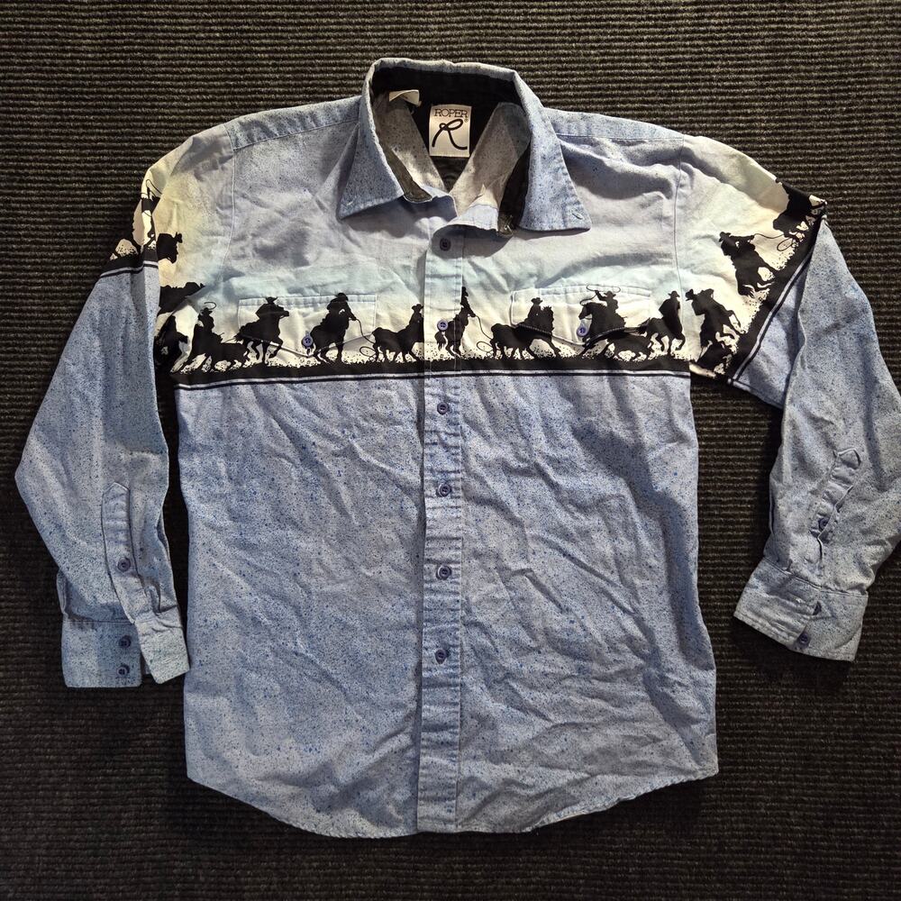 Vintage Roper Shirt Men's Scenic Western Blue Pearl Snap Horse All Over Print M